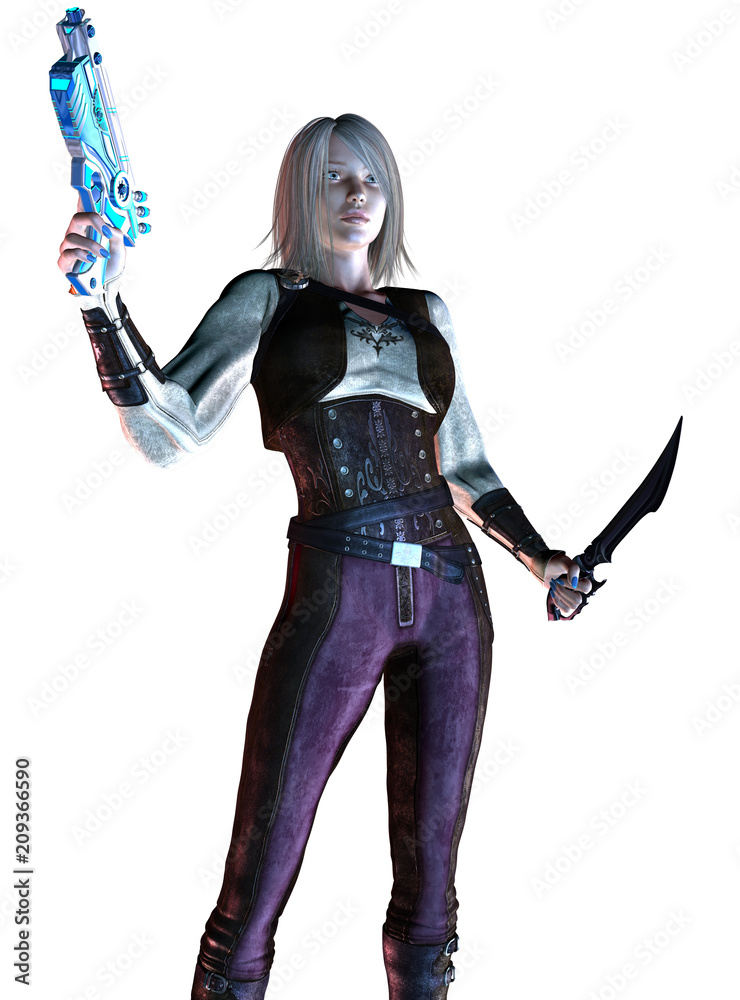 steampunk warrior girl, armed with sword and gun, 3d illustration steampunk warrior girl, armed with sword and gun, 3d illustration