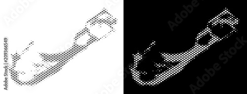 Halftone round pixel Bermuda Island map. Vector territorial maps in grey and white colors on white and black backgrounds. Abstract collage of Bermuda Island map constructed of circle spots.
