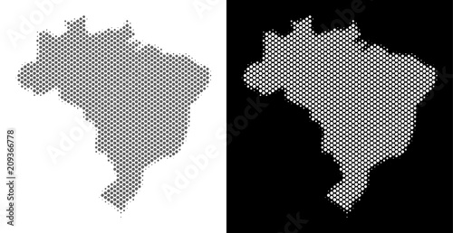 Halftone round dot Brazil map. Vector territory maps in gray and white colors on white and black backgrounds. Abstract mosaic of Brazil map constructed of circle spots.