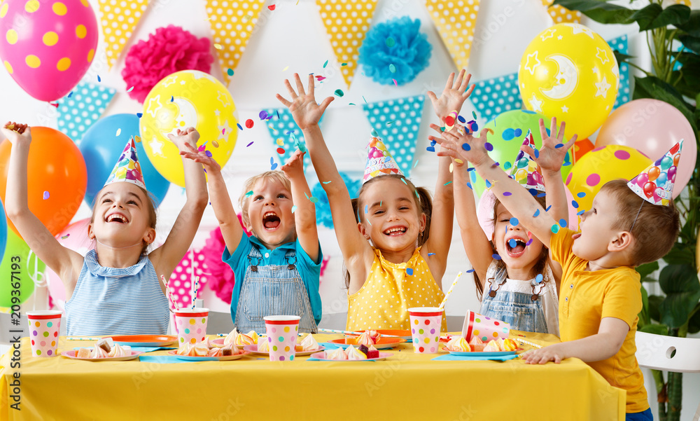 n's birthday. happy kids with cake - obrazy, fototapety, plakaty 