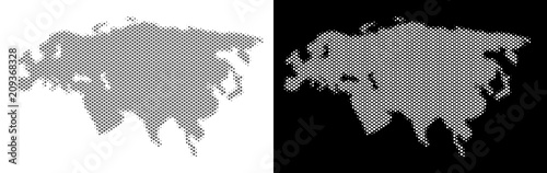 Halftone circle dot Eurasia map. Vector geographic maps in gray and white colors on white and black backgrounds. Abstract concept of Eurasia map designed of round pixels.