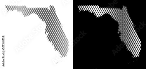 Halftone round pixel Florida map. Vector territorial maps in gray and white colors on white and black backgrounds. Abstract pattern of Florida map constructed of round elements.