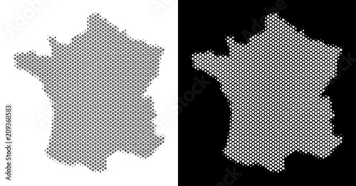 Halftone circle dot France map. Vector territorial maps in grey and white colors on white and black backgrounds. Abstract pattern of France map designed of circle spots.