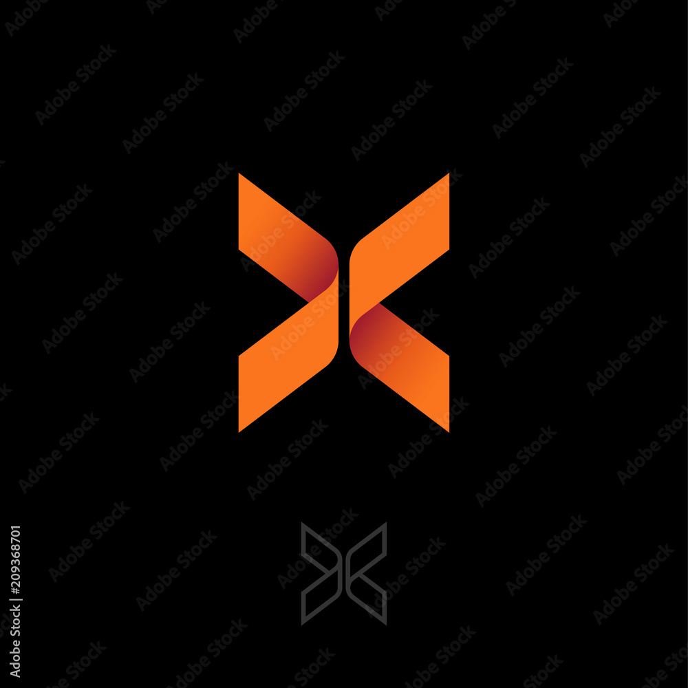 X letter like butterfly. Origami emblem. X origami logo, like orange ribbon. Two elements make up the X letter. Contour option.