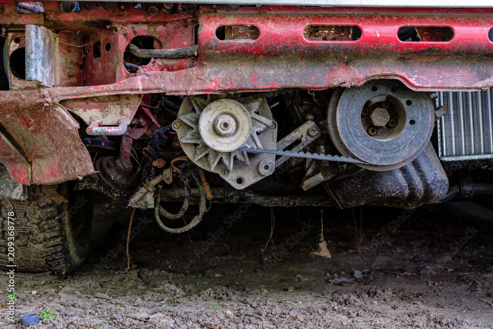 Detail of red tractor in countryside
