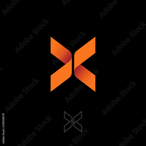 X letter like butterfly. Origami emblem. X origami logo, like orange ribbon. Two elements make up the X letter. Contour option.