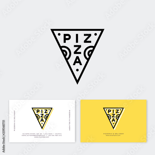 Pizza logo. Traditional pizza style. Simple linear stamp style. Geometry style. Pizzeria logo and business card. Italian traditional food emblem. 
