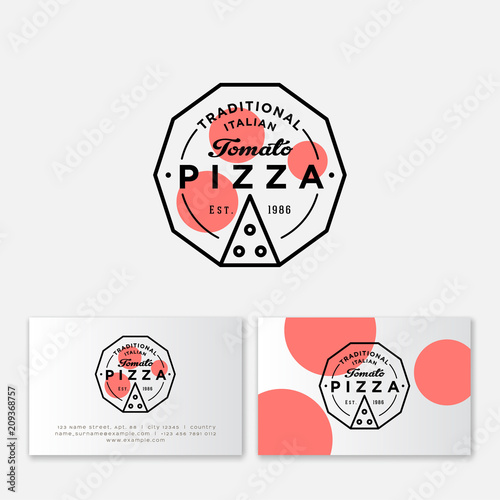 Pizza logo. Tomato pizza style. Simple linear stamp style. Geometry style. Pizzeria logo and business card. Italian traditional food emblem. 