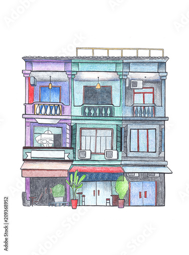 Vintage house with restaurant drawing. Cambodia travel sketch. Siem Reap colorful postcard.