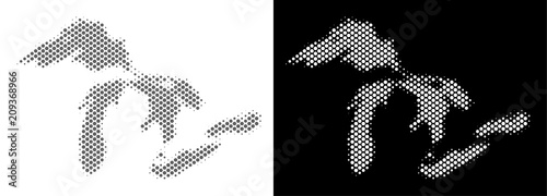 Halftone round blot Great Lakes map. Vector territory maps in gray and white colors on white and black backgrounds. Abstract collage of Great Lakes map created of circle elements.