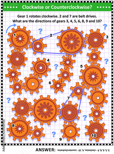 IQ and spatial skills training visual puzzle with rotating gears and belt drives. Answer included.
