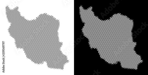 Halftone circle dot Iran map. Vector territorial maps in grey and white colors on white and black backgrounds. Abstract collage of Iran map composed of round dots.