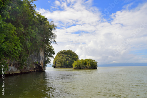 island, rock in the Atlantic Ocean covered with green vegetation, against a backdrop of the shore in the background. Los Haitises National Park, southern part of Samana Bay