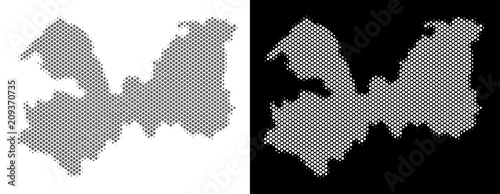 Halftone circle pixel Leningrad Oblast map. Vector territorial maps in gray and white colors on white and black backgrounds. Abstract pattern of Leningrad Oblast map composed of circle points.