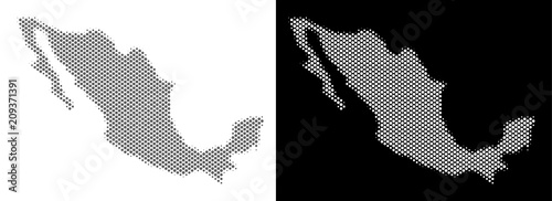 Halftone round pixel Mexico map. Vector territory maps in grey and white colors on white and black backgrounds. Abstract concept of Mexico map constructed of circle dots.