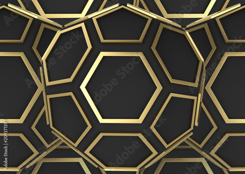 3d rendering. Luxury golden hexagonal and pentagonal shape on dark wall background.