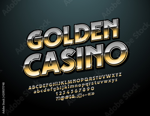 Vector sparkling logo Golden Casino. Luxury shiny Font. Chic Alphabet Letters, Numbers and Symbols