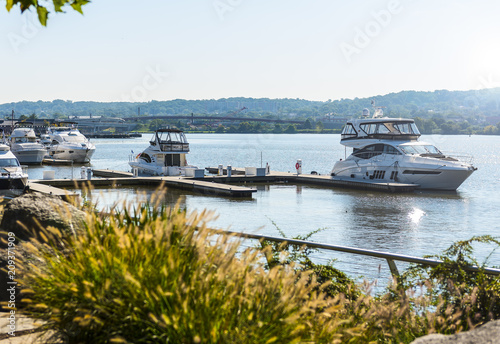 Boats parked at a marina on the waterfront in Anacostia, Washington, DC Yards Park