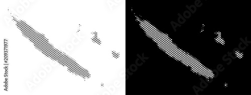 Halftone round spot New Caledonia Islands map. Vector geographic maps in grey and white colors on white and black backgrounds.