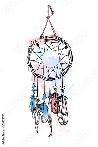 Vector illustration with hand drawn dream catcher. Watercolor brush strokes and stains. Ornate ethnic items  feathers  beads.