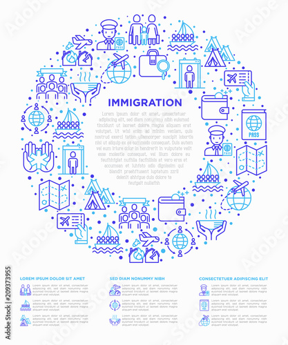 Immigration concept in circle with thin line icons: immigrants, illegals, baggage examination, passport, demonstration, humanitarian aid, social benefit, one way ticket, route. Vector illustration.