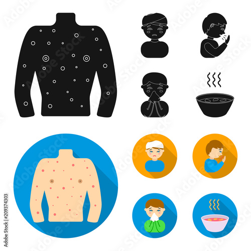 A man with a bandaged head, a man coughing, a man snorts a snot, a bowl, a bowl of hot broth into a handkerchief. Sick set collection icons in black, flat style vector symbol stock illustration web.