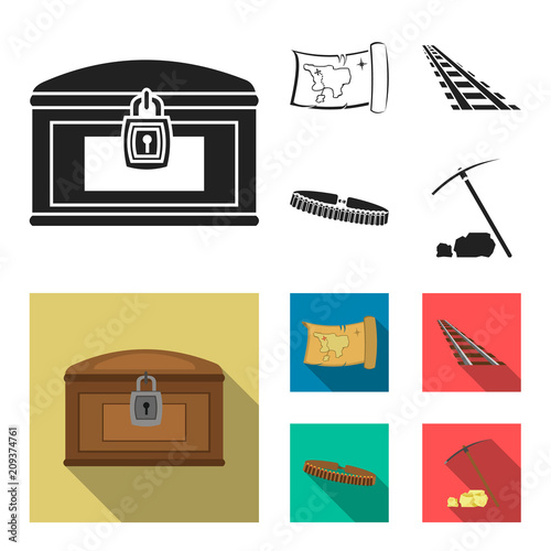 Treasure map, chest, rails, patrol.Wild west set collection icons in black,flat style vector symbol stock illustration web.