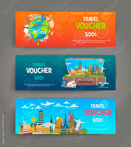 Vector set of gift travel voucher. Template for a festive gift card, coupon and certificate. Discount Coupon Template. Vector Illustration EPS10