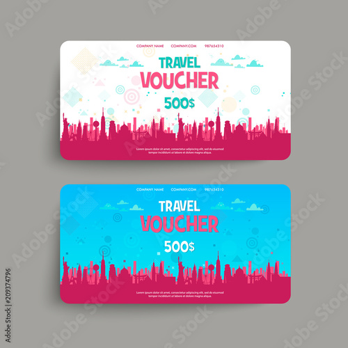 Vector set of gift travel voucher. Template for a festive gift card, coupon and certificate. Discount Coupon Template. Vector Illustration EPS10