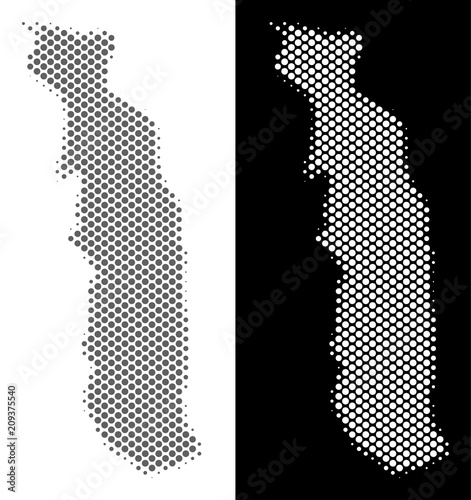 Halftone round spot Togo map. Vector territory maps in gray and white colors on white and black backgrounds. Abstract concept of Togo map combined of round elements.