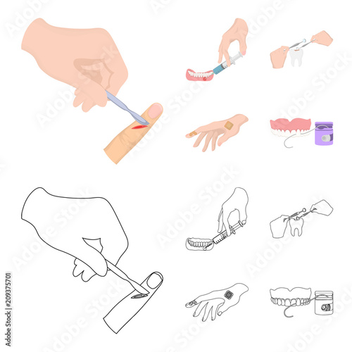 Anesthetic injection, dental instrument, hand manipulation, tooth cleaning and other web icon in cartoon,outline style.bactericidal plaster, medicine icons in set collection.