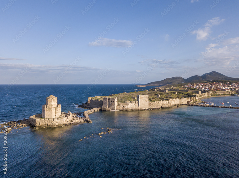 Aerial view of the Methoni castle and the Bourtzi tower on the southern cape of Peloponnese