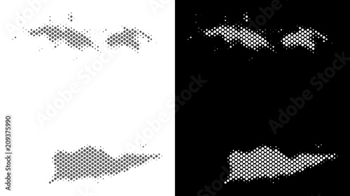 Halftone round spot USA Virgin Islands map. Vector territorial maps in grey and white colors on white and black backgrounds. Abstract composition of USA Virgin Islands map constructed of circle blots.