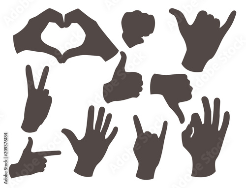 Hands deaf-mute different gestures black silhouette human arm people communication message vector illustration.