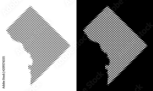 Halftone round spot Washington DC map. Vector territory maps in gray and white colors on white and black backgrounds. Abstract composition of Washington DC map organized of circle points.