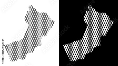 Halftone circle spot Yemen map. Vector geographical maps in grey and white colors on white and black backgrounds. Abstract mosaic of Yemen map combined of circle points. photo