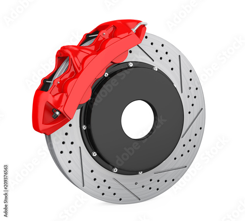 Car Brake Disc and Red Caliper Isolated