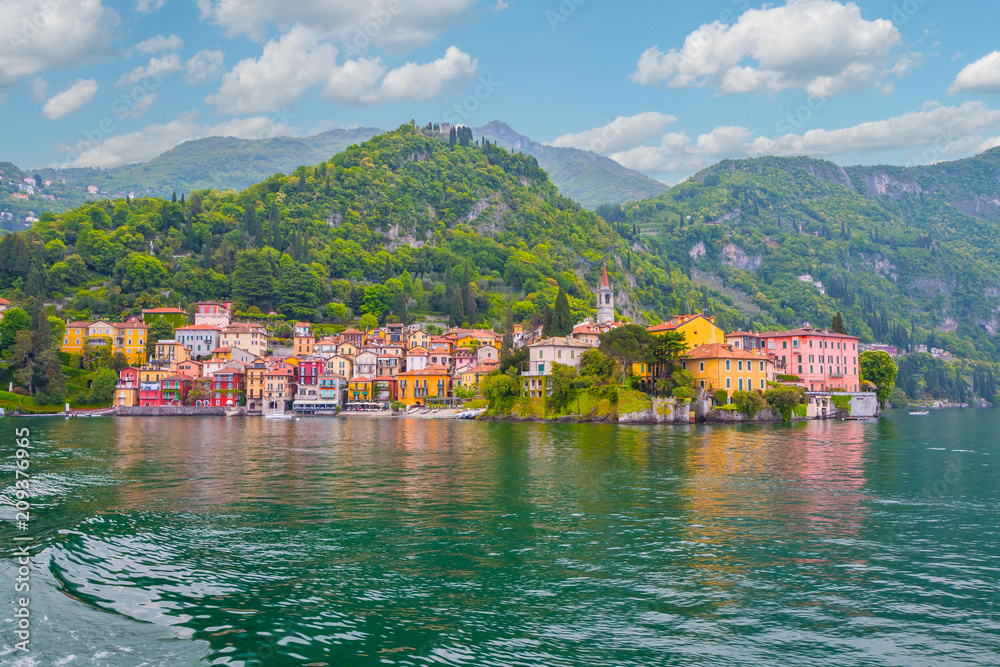 Lakefront of Varenna village seen from ferry departs Lake Como to Bellagio in Italy