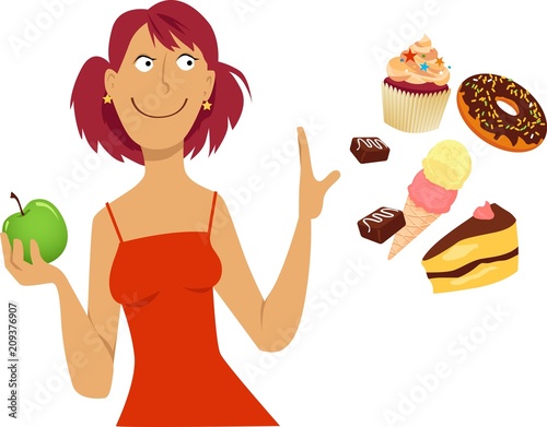 Woman on low sugar diet refuses to eat sweets, EPS 8 vector illustration