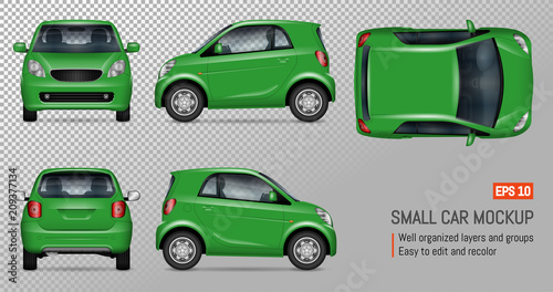 Compact car vector mockup on transparent background for vehicle branding, corporate identity. View from left, right, front, back, and top sides.