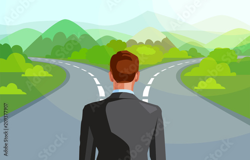 Vector of a business man in front of two roads deciding which way to go in life