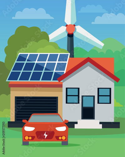 Flat vector of an electric car in front of a house with solar panels and wind turbine in the background
