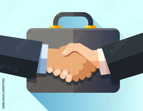 Handshake of business people on a briefcase background . Flat design modern vector illustration concept.