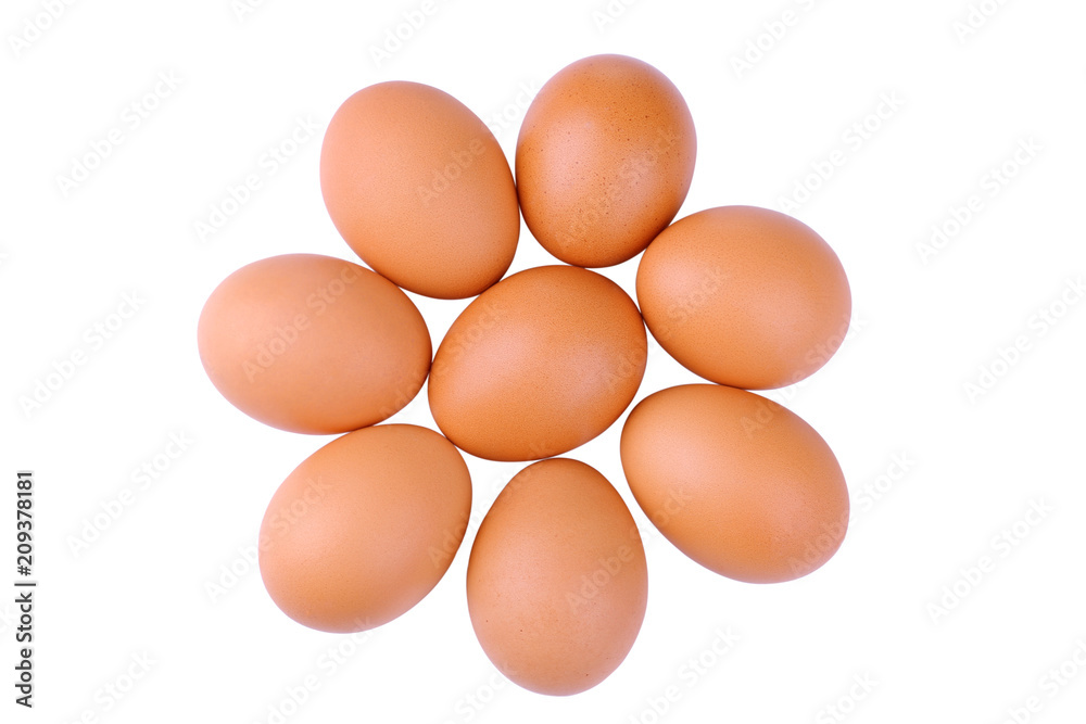 A lot of chicken brown eggs on a white background. Top view. Isolated A lot of chicken brown eggs on a white background. Top view. Isolated
