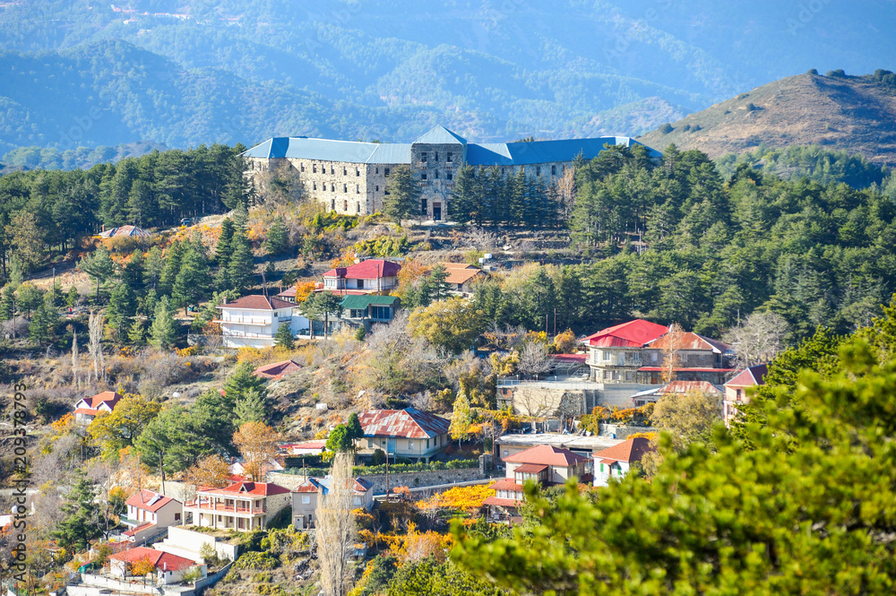 View on mountain village Prodromos and abandoned hotel, Troodos, Cyprus