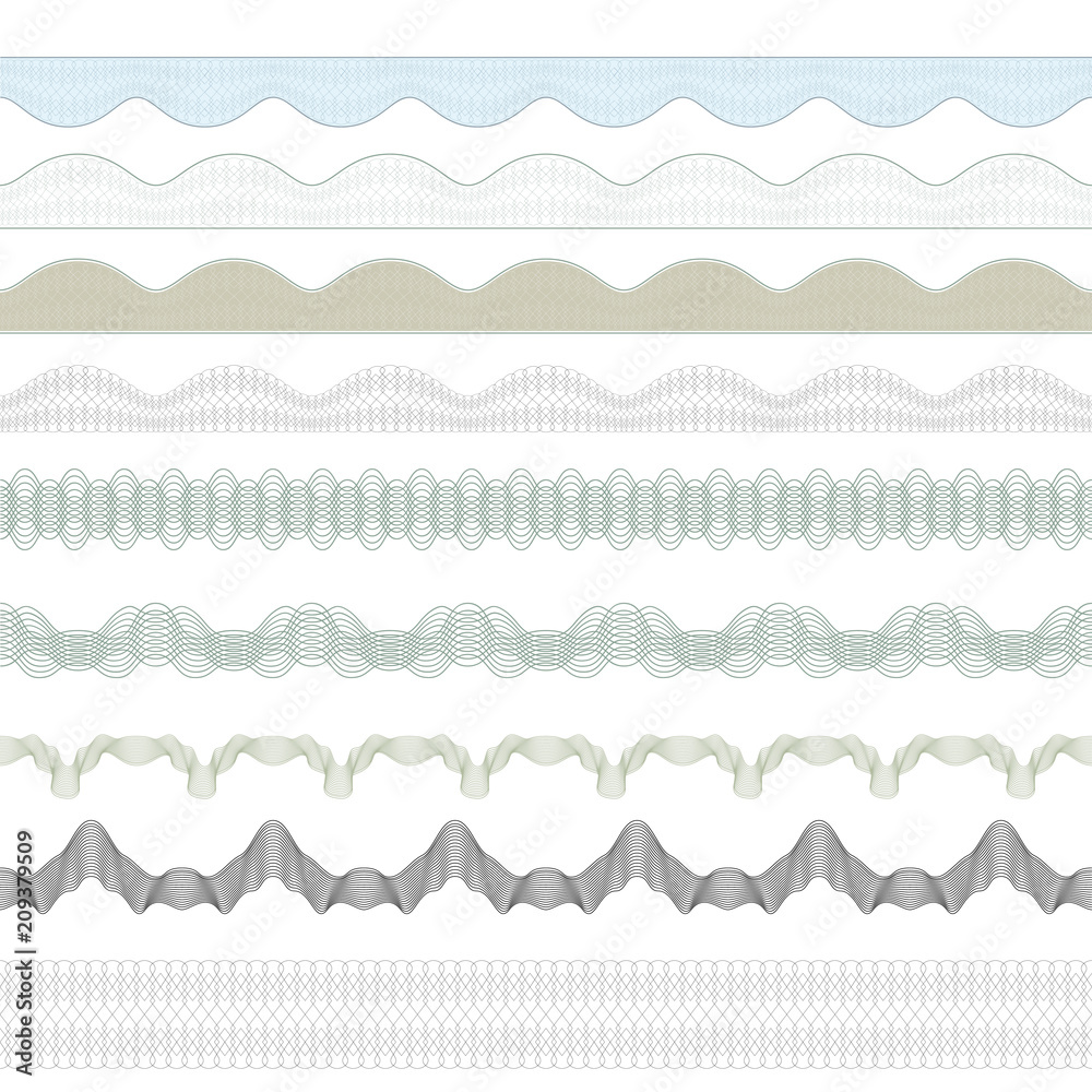 Set of guilloche borders. Pattern brushes are included in vector file. Set of guilloche borders. Pattern brushes are included in vector file.