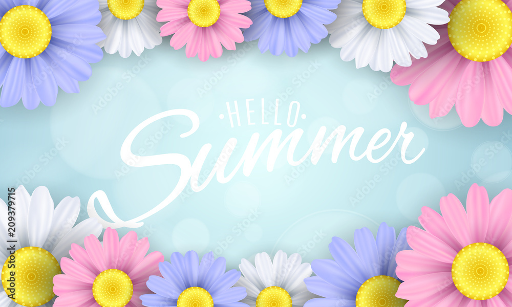 Hello Summer. Seasonal banner. Multicolored flowers on a light blue background. Glare bokeh. Calligraphic text. Vector illustration Hello Summer. Seasonal banner. Multicolored flowers on a light blue background. Glare bokeh. Calligraphic text. Vector illustration