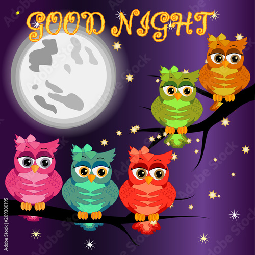 A sweet fairy-tale pink owl in a hat for dream dreams, sings a lullaby, lulls the sky, the moon and stars sitting on a sleeping sickle of the moon among a dark night sky and stars