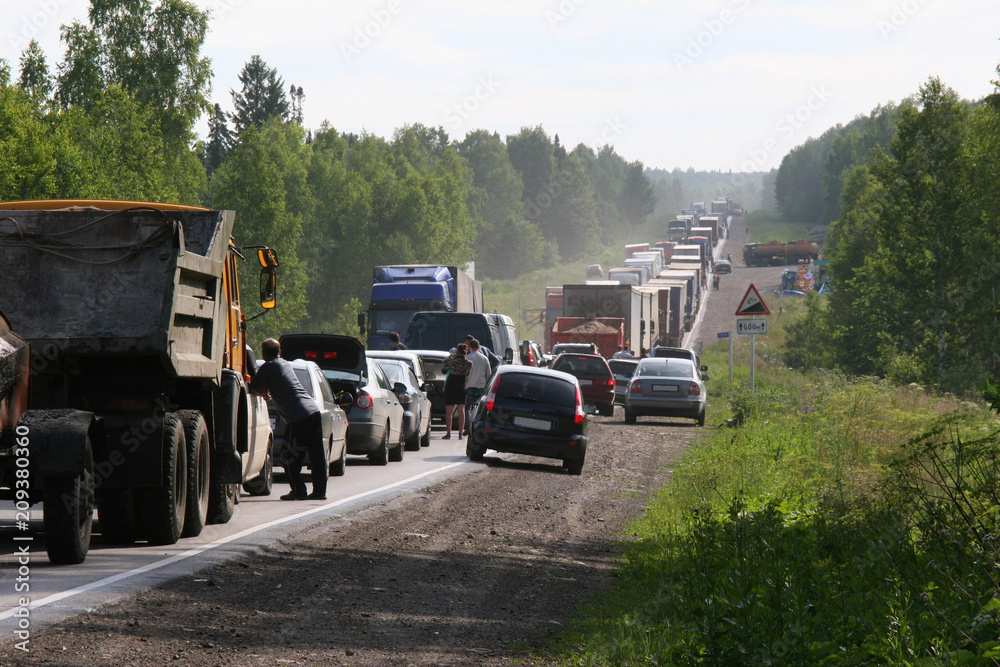 A traffic jam on the road. Russia. The Urals. Chelyabinsk region.