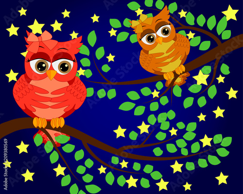 Good Night and Sweet dreams.Night scene with moon,stars and owl.Owl on the branch.Moon made from stars.Nature. photo